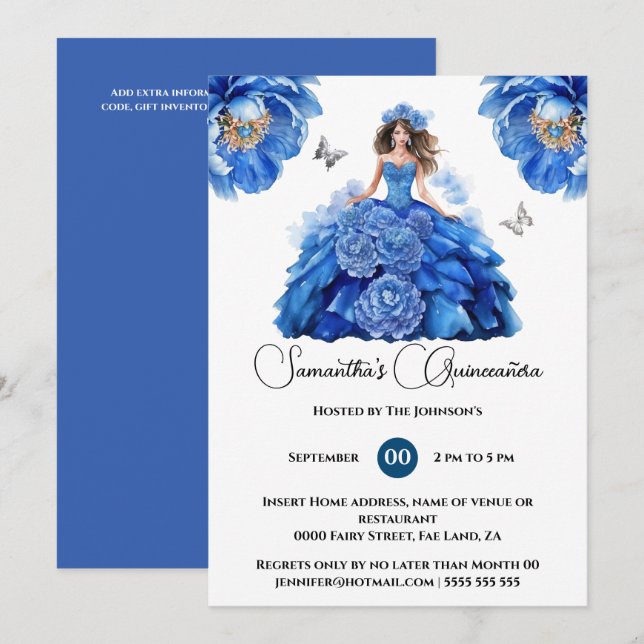 Invitation Bleu Quinceañera fleurs florales de pivoine (Devant / Derrière)
