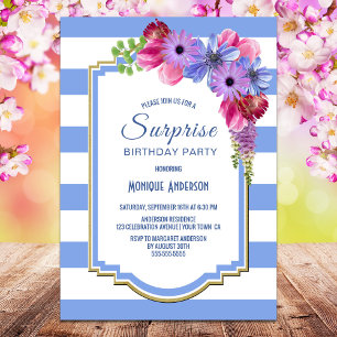 Invitation Bleu rayé Floral Surprise fête d'anniversaire