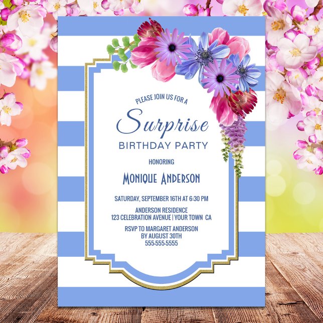 Invitation Bleu rayé Floral Surprise fête d'anniversaire (Créateur téléchargé)