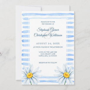 Invitation Bleu Rayures Aquarelle Fleurs blanches Mariage