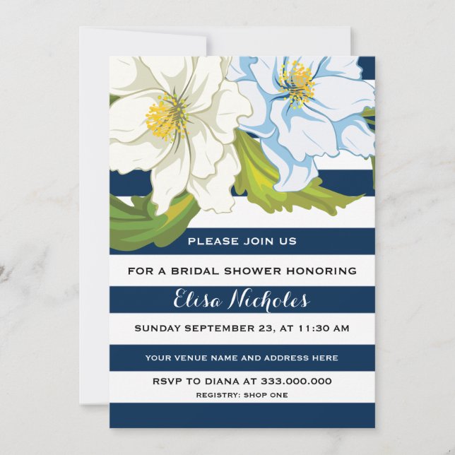 Invitation Bleu rayures & fleurs mariage douche nuptiale (Devant)