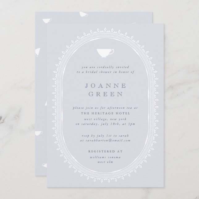 Invitation Bleu Régence Thé de l'après-midi Mariée/Wedding sh (Devant / Derrière)