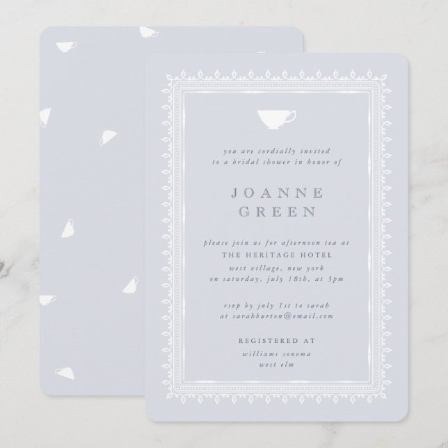 Invitation Bleu Régence Thé de l'après-midi Mariée/Wedding sh (Devant / Derrière)