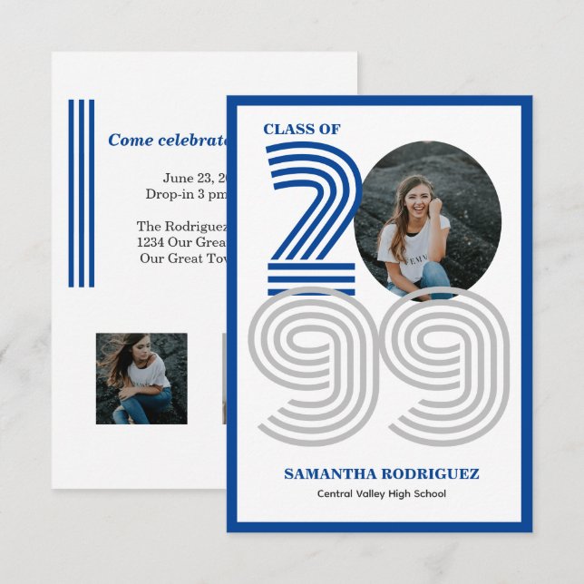 Invitation Bleu Retro grand nombre de diplômés Photo (Devant / Derrière)