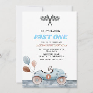 Invitation Bleu Rétro Rapide un Garçon 1er Anniversaire Voitu