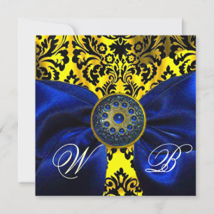 INVITATION BLEU RIBBON OR JAUNE BLACK DAMASK MONOGRAM