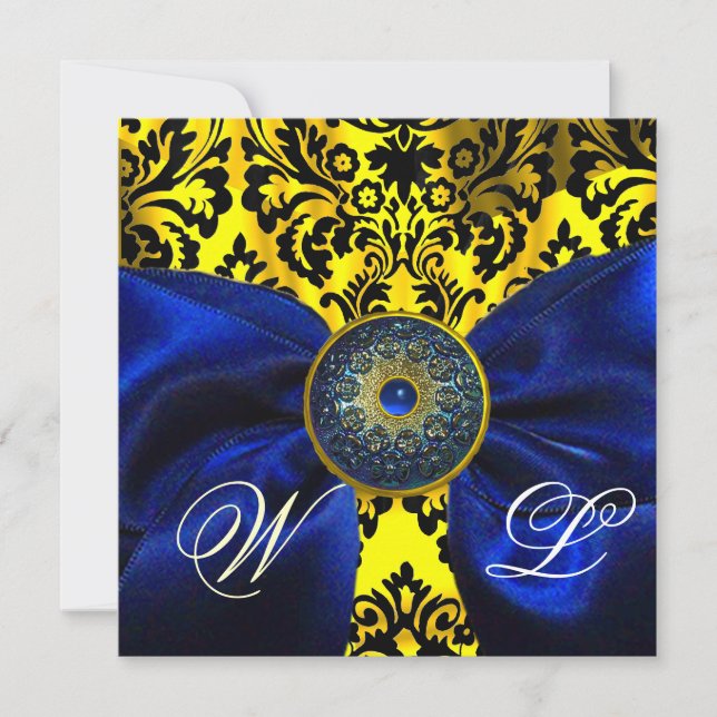 INVITATION BLEU RIBBON OR JAUNE BLACK DAMASK MONOGRAM (Devant)
