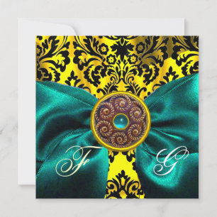 INVITATION BLEU RIBBON OR JAUNE BLACK DAMASK MONOGRAM