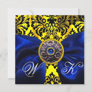 INVITATION BLEU RIBBON OR JAUNE BLACK DAMASK MONOGRAM