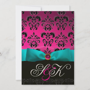 INVITATION BLEU RIBBON ROSE FUCHSIA NOIR DAMASK MONOGRAM