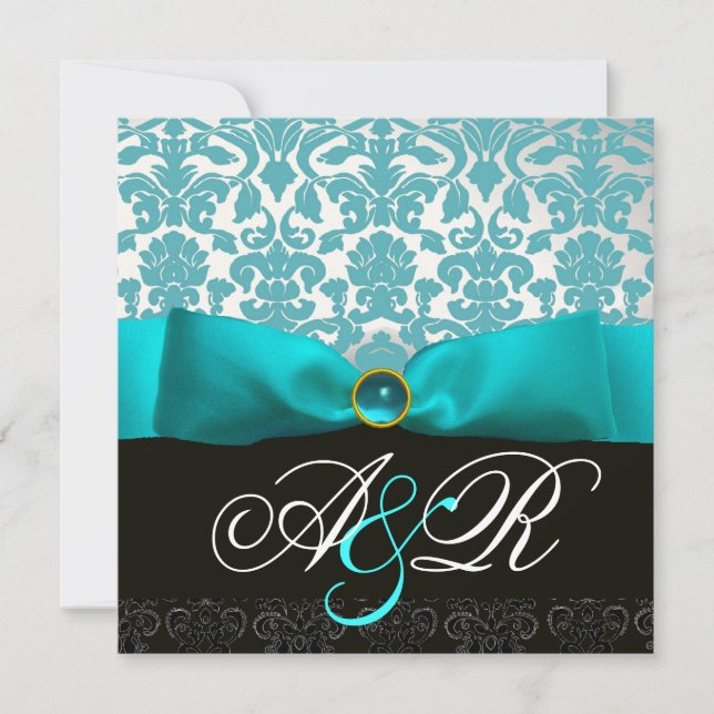 INVITATION BLEU RIBBON TURQUASE BLANC BLACK DAMASK MONOGRAM (Devant)