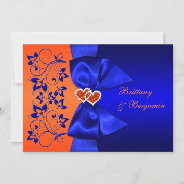Invitation Bleu RIBON IMPRIMÉ, mariage floral orange (Devant)