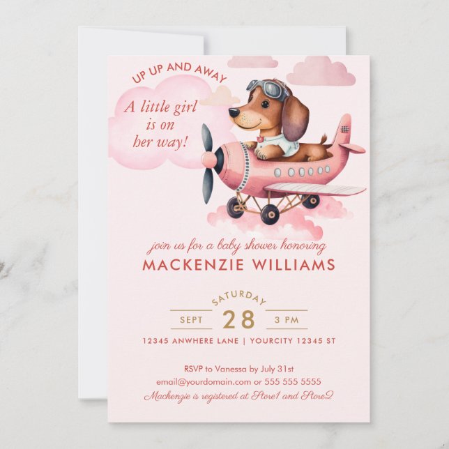 Invitation Bleu Rose Baby shower Dachshund Fille (Devant)