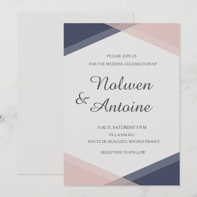 Invitation Bleu rose bleu clair élégant mariage moderne (Devant / Derrière)