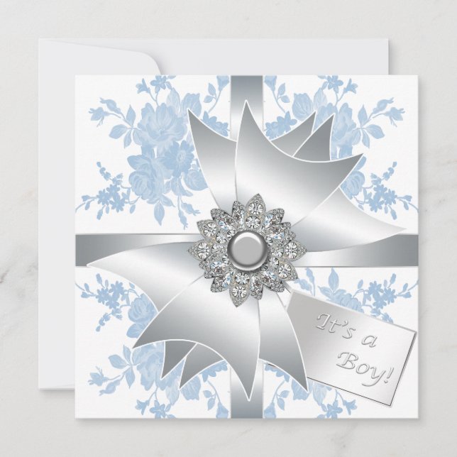 Invitation Bleu Rose Classy Bow Cadeau Boy Douche (Devant)