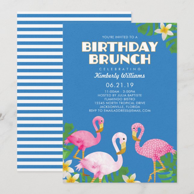 Invitation Bleu rose de brunch d'anniversaire de Flamants (Devant / Derrière)