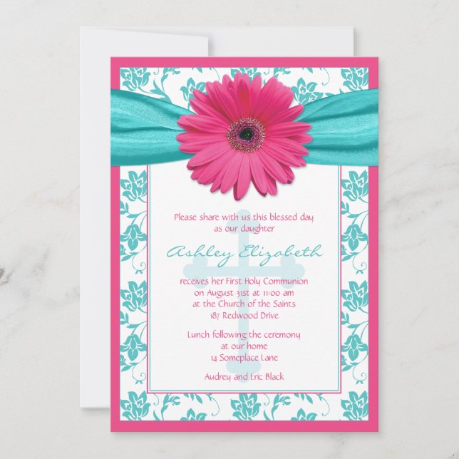 Invitation Bleu rose Faisy Damask Première communion Invitati (Devant)