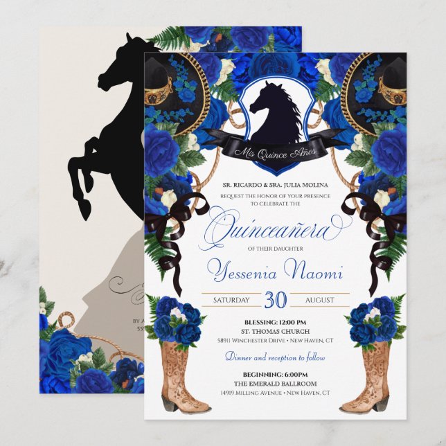 Invitation Bleu Rose Horse Crest Elegant Charro Quinceanera (Devant / Derrière)