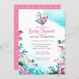 Invitation Bleu rose moderne sous le Baby shower marin