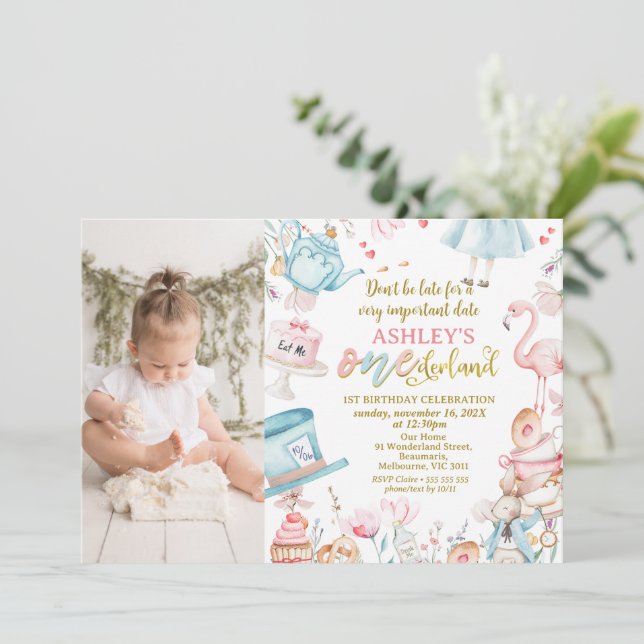 Invitation Bleu rose Photo Alice Onederland 1er anniversaire (Debout devant)