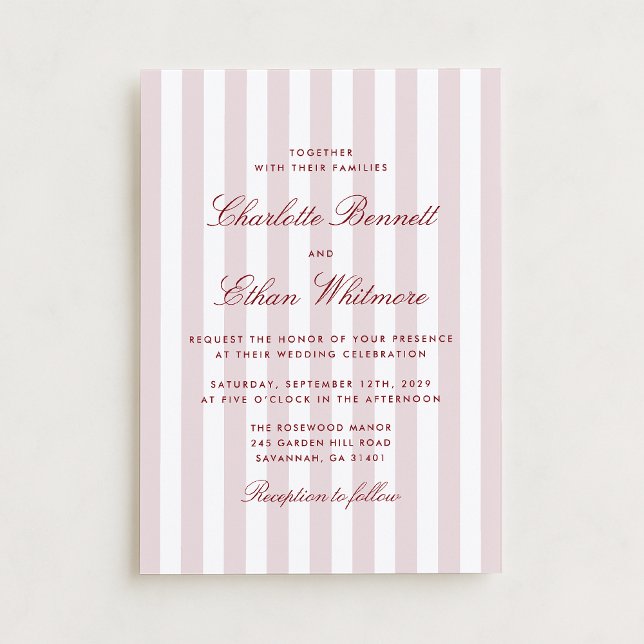 Invitation Bleu rose rayures avec rouge Script moderne Mariag (Créateur téléchargé)