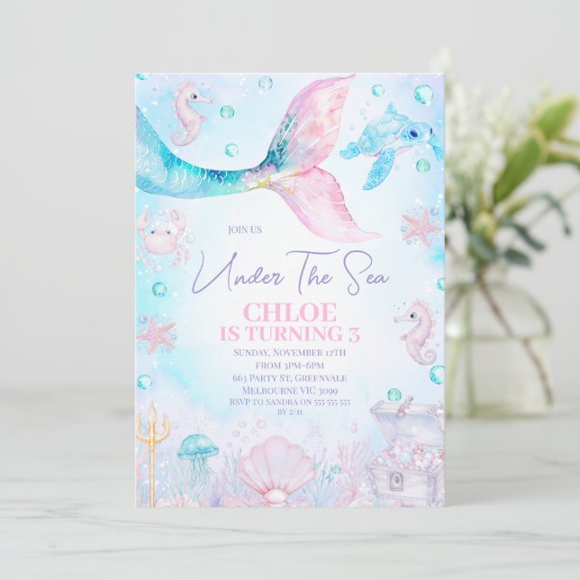 Invitation Bleu rose sirène traîne sous la mer Anniversaire (Debout devant)