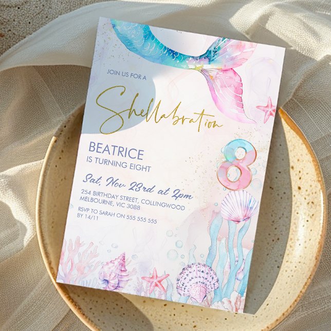 Invitation Bleu rose sous la mer Shellabrate 8e anniversaire (Let's Shellabrate 8th Birthday Invitation Mermaid Tail Under the Sea, Seashells Pink Blue Whimsical)