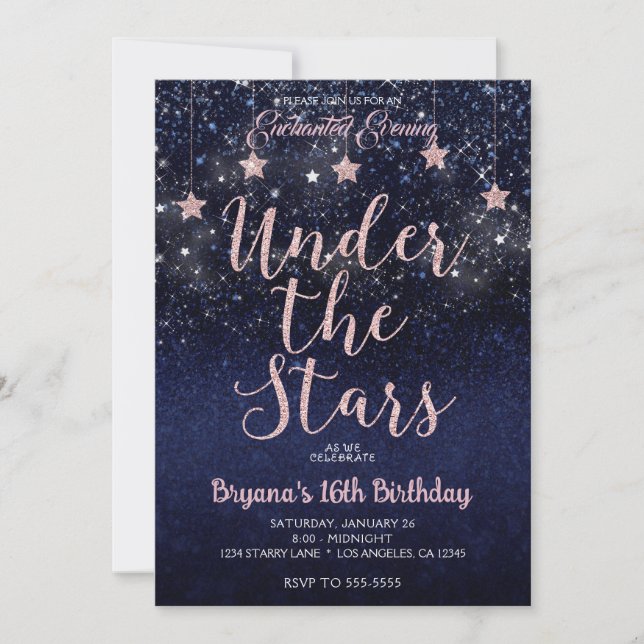 Invitation Bleu & Rose Sous Les Étoiles Starry Night Sweet 16 (Devant)