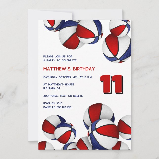 Invitation bleu rouge basket-ball enfants sport anniversaire (Devant)