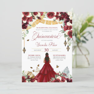 Invitation Bleu rouge Élégant papillon floral Quinceanera V3