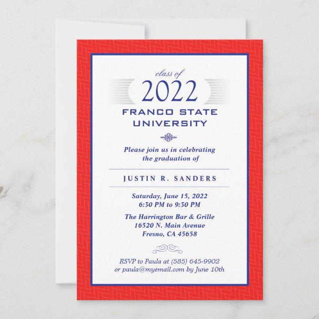 Invitation Bleu rouge et blanc fête de graduation officielle  (Devant)