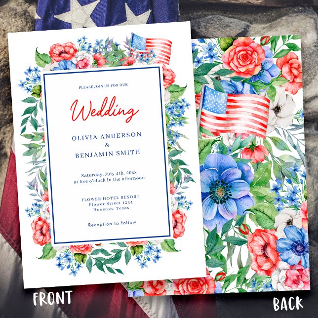 Invitation Bleu Rouge Floral 4 Juillet Mariage patriotique (Créateur téléchargé)