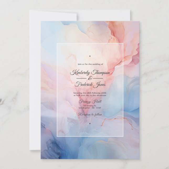 Invitation Bleu roux, rose pâle et Mariage d'encre d'argent (Devant)