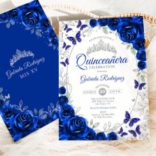 Invitation Bleu Royal Argent Floral Quinceanera
