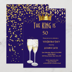 Invitation Bleu royal Champagne homme roi 50 anniversaire Fêt