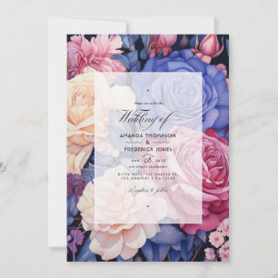 Invitation Bleu Royal, Champagne, Rose crème & Mariage Mauve