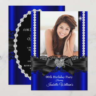 Invitation Bleu Royal Dentelle Diamant Cœur Photo Fête d'Anni