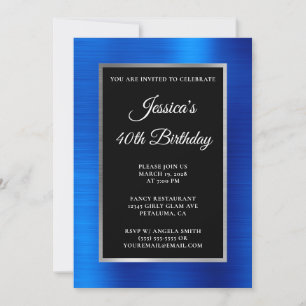 Invitation Bleu Royal et Argent Feuille Noir 40e Anniversaire