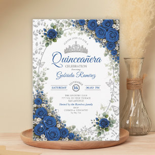 Invitation Bleu royal et argent Quinceañera Roses bleues