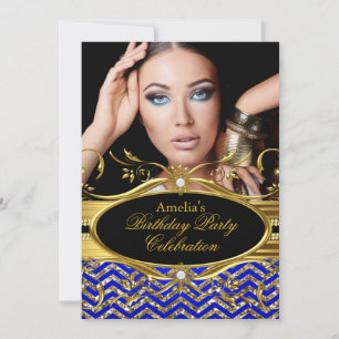 Invitation Bleu Royal et Chevron Diamant Doré Photo Anniversa
