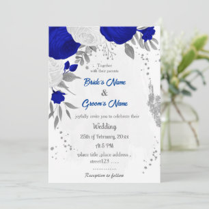 Invitation bleu royal et fleurs blanches argent mariage botan