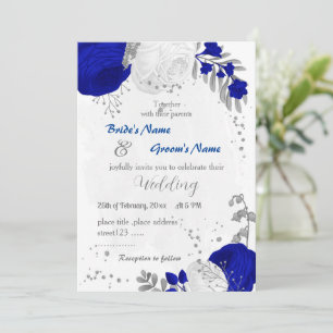 Invitation bleu royal et fleurs blanches argent mariage botan