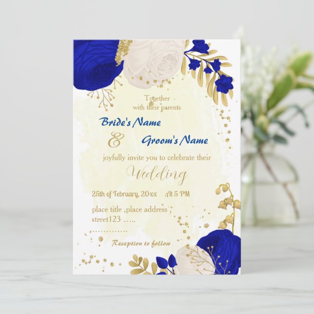 Invitation bleu royal et fleurs blanches or mariage botanique (Debout devant)