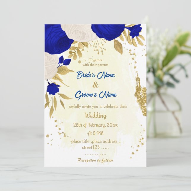 Invitation bleu royal et fleurs blanches or mariage botanique (Debout devant)