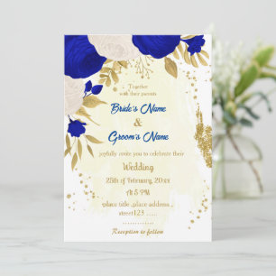 Invitation bleu royal et fleurs blanches or mariage botanique