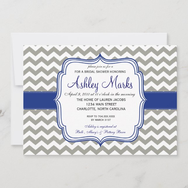 Invitation Bleu royal et gris Chevron Invitaiton (Devant)