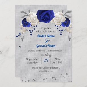 Invitation bleu royal fleurs blanches feuille gris mariage