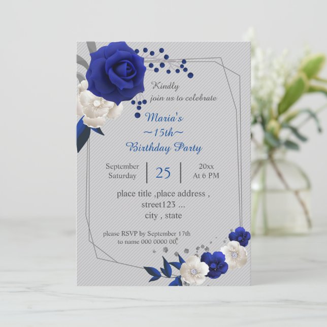 Invitation bleu royal fleurs blanches géométrique anniversair (Debout devant)