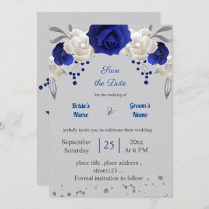 Invitation bleu royal fleurs blanches gris feuilles enregistr