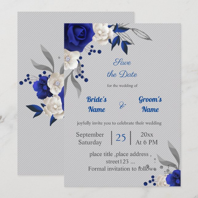 Invitation bleu royal fleurs blanches gris feuilles enregistr (Devant / Derrière)